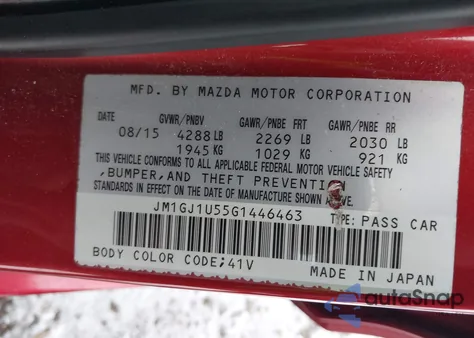 2016 Mazda Mazda6 I Sport from USA, damaged, VIN JM1GJ1U55G1446463